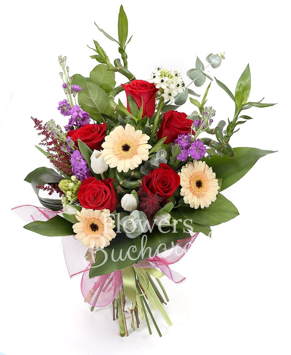 5 red roses, 3 mauve matthiola, 3 green bambus, 3 cream gerbera, 3 red astilbe, 2 ornithogalum, greenery