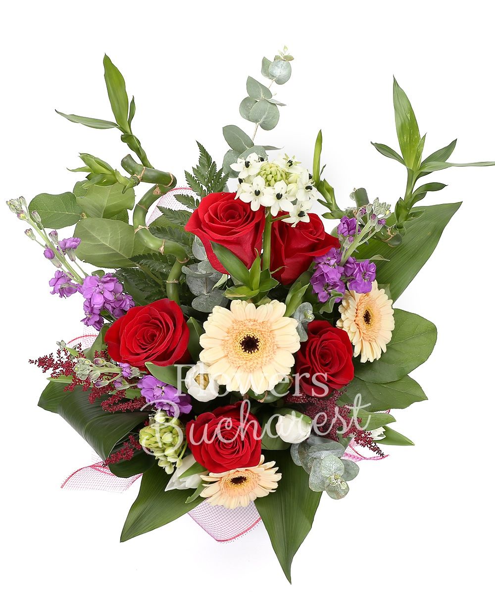 5 red roses, 3 mauve matthiola, 3 green bambus, 3 cream gerbera, 3 red astilbe, 2 ornithogalum, greenery