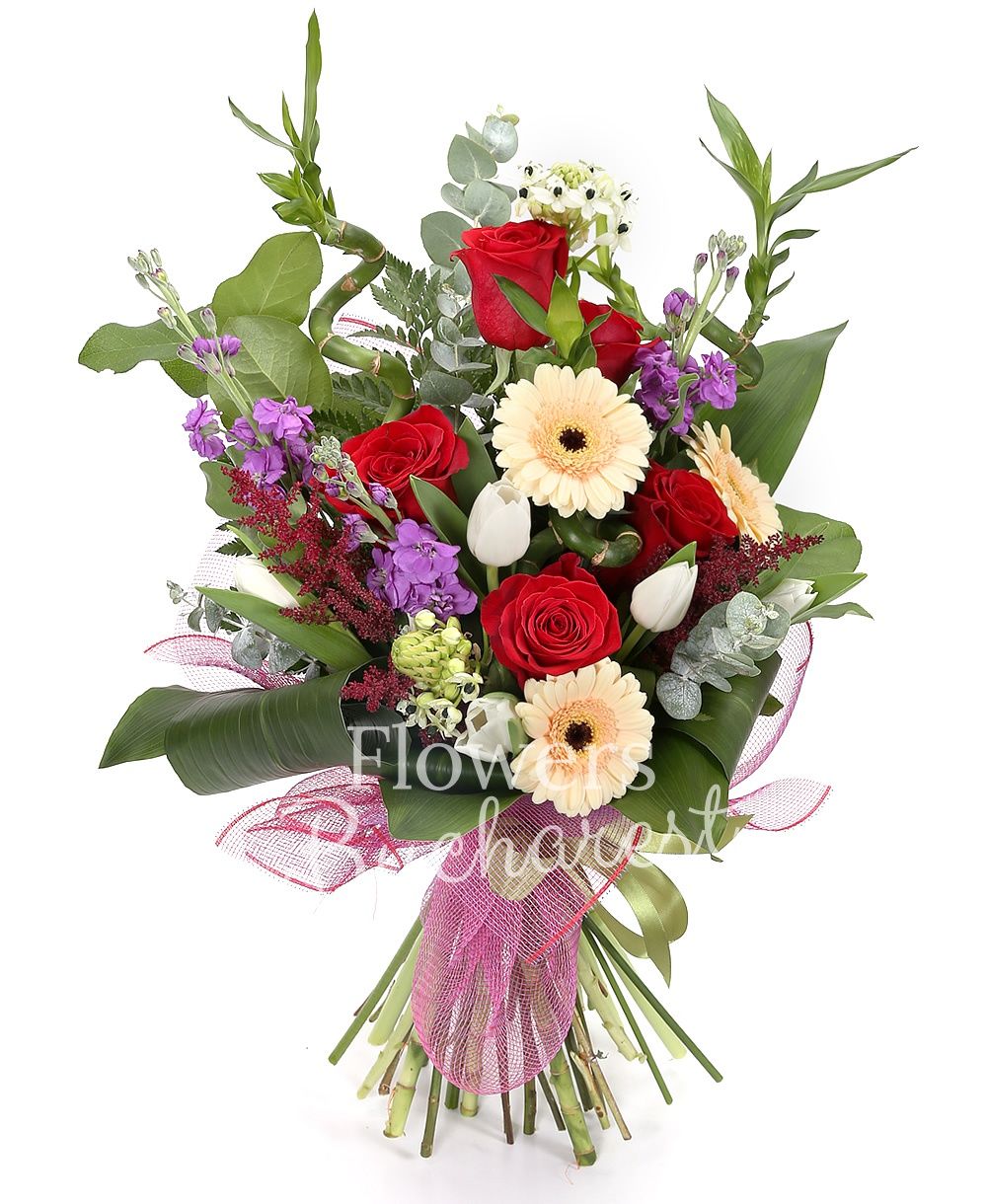 5 red roses, 3 mauve matthiola, 3 green bambus, 3 cream gerbera, 3 red astilbe, 2 ornithogalum, greenery