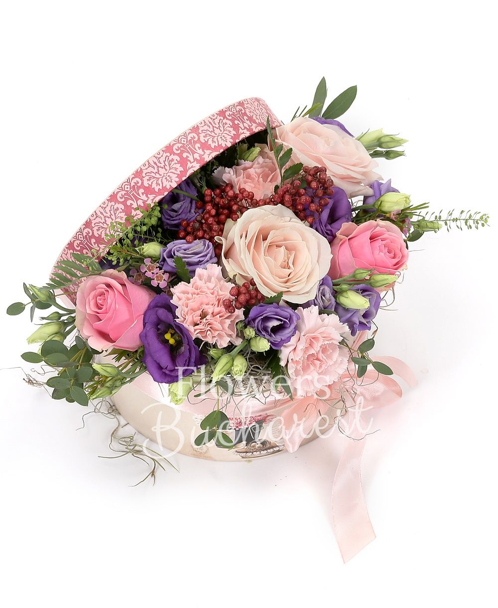 5 pink roses, 5 pink gerbera, 2 mauve lisianthus, greenery