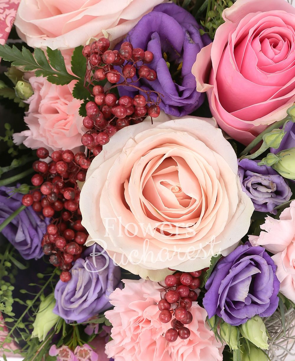 5 pink roses, 5 pink gerbera, 2 mauve lisianthus, greenery