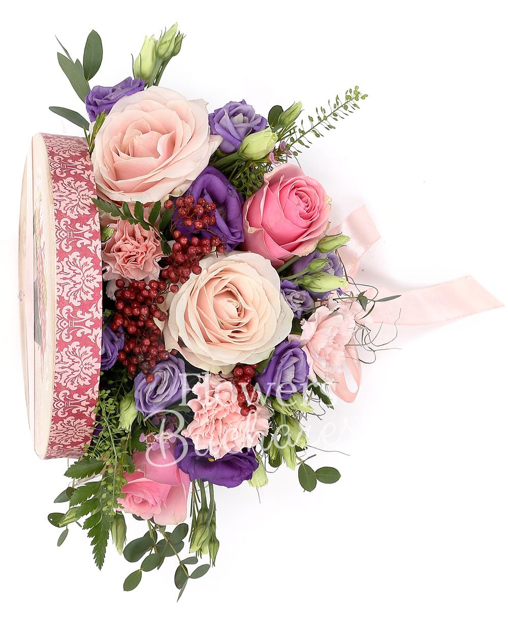 5 pink roses, 5 pink gerbera, 2 mauve lisianthus, greenery