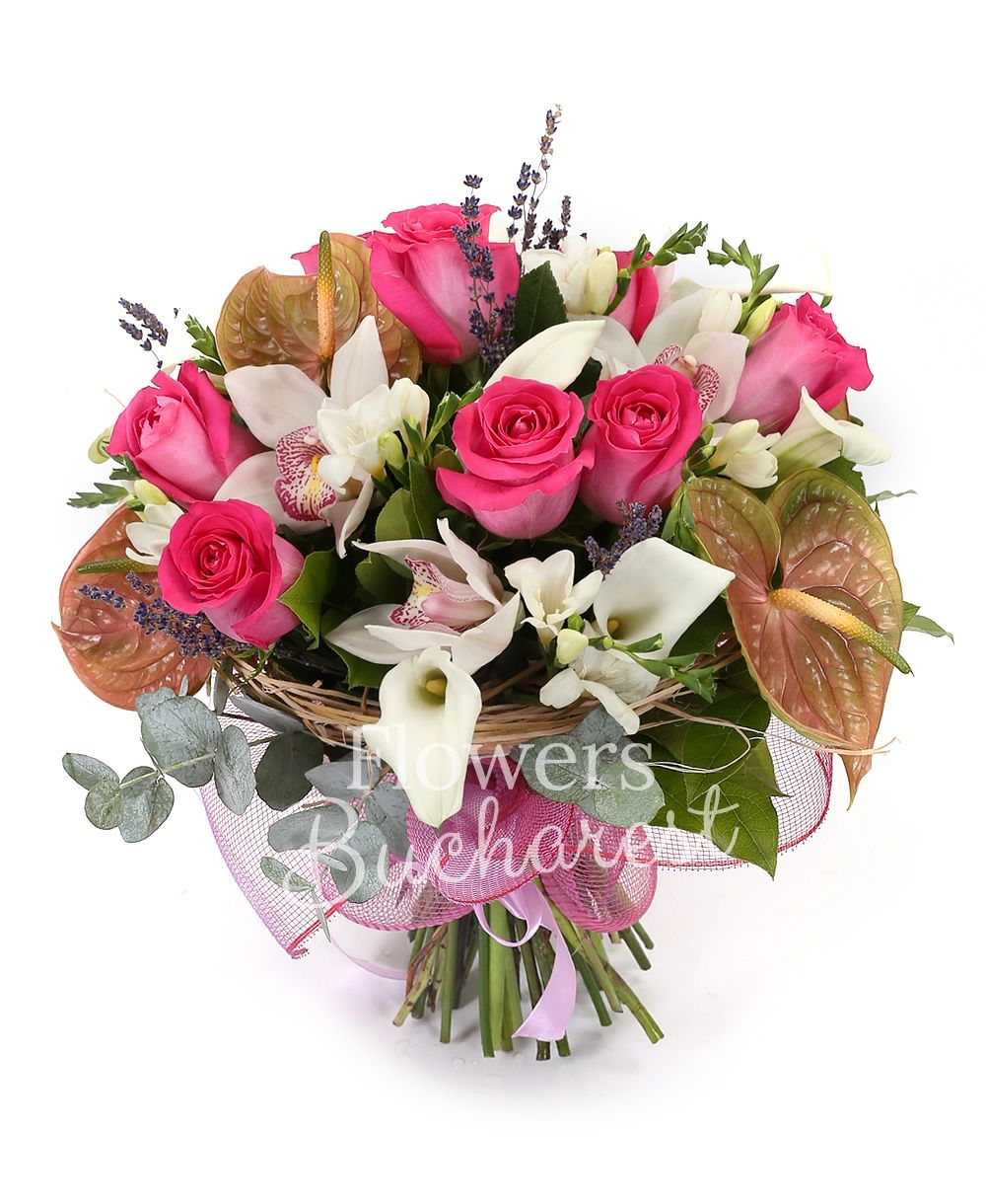 9 cyclam roses, 4 green anthurium, 5 white cala, 10 white freesias, white cymbidium, lavender, greenery