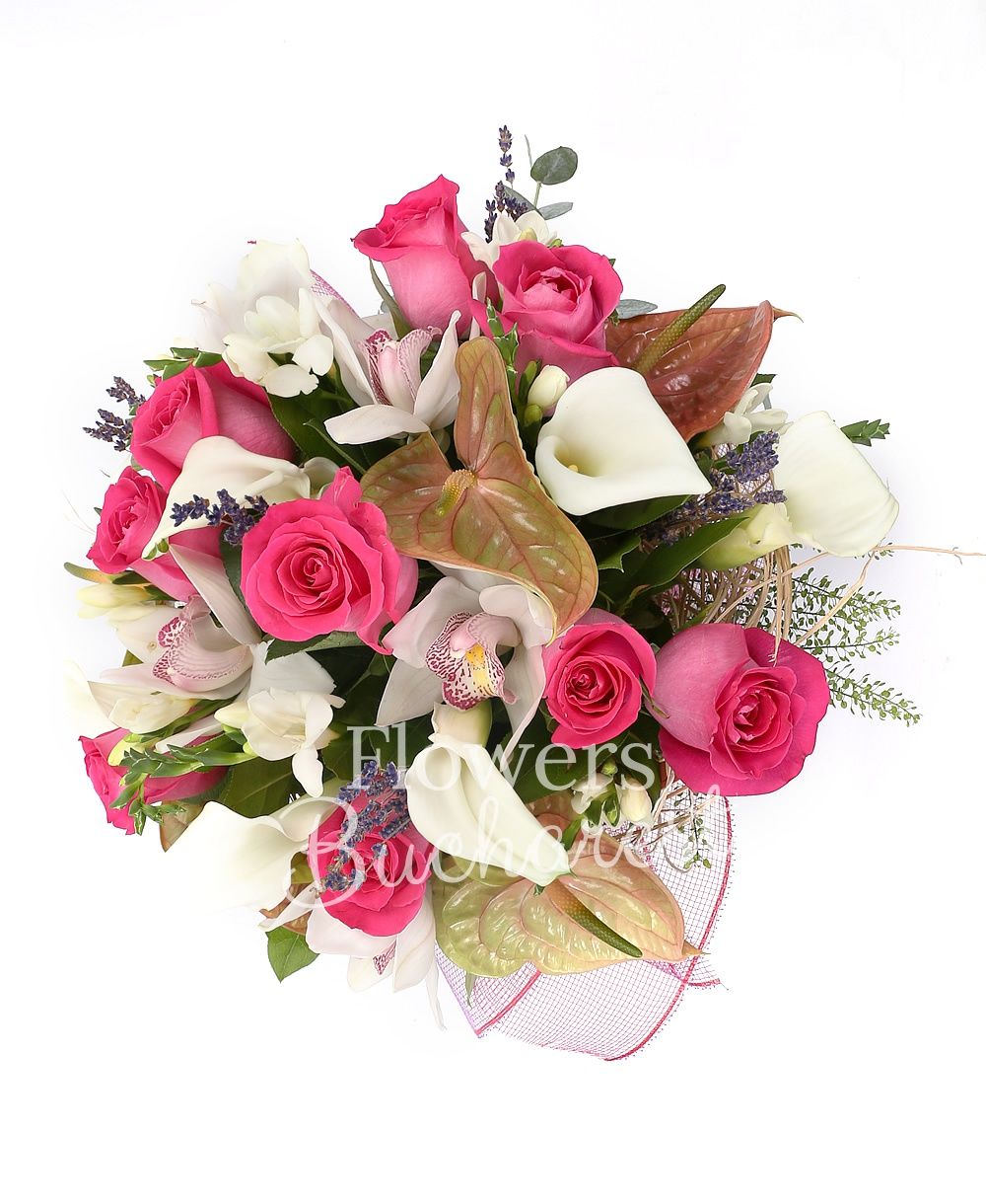 9 cyclam roses, 4 green anthurium, 5 white cala, 10 white freesias, white cymbidium, lavender, greenery