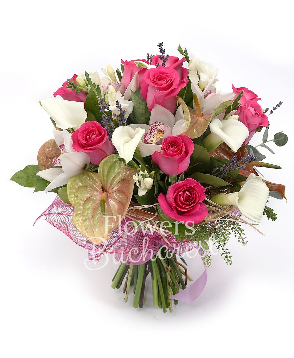 9 cyclam roses, 4 green anthurium, 5 white cala, 10 white freesias, white cymbidium, lavender, greenery