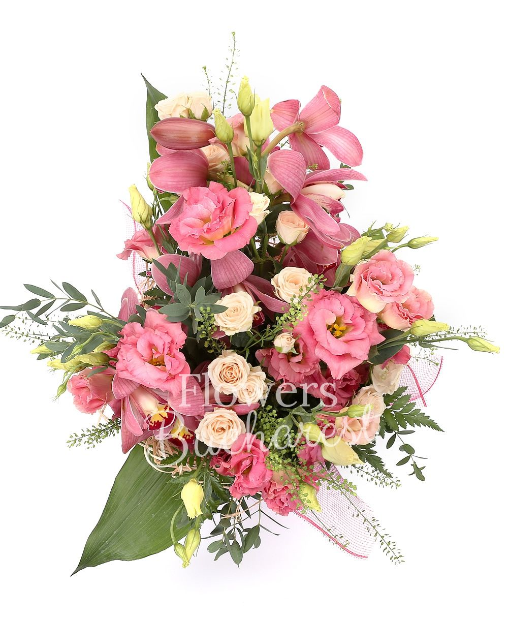 1 pink cymbidium, 5 pink lisianthus, 5 cream miniroses, thlaspi, greenery