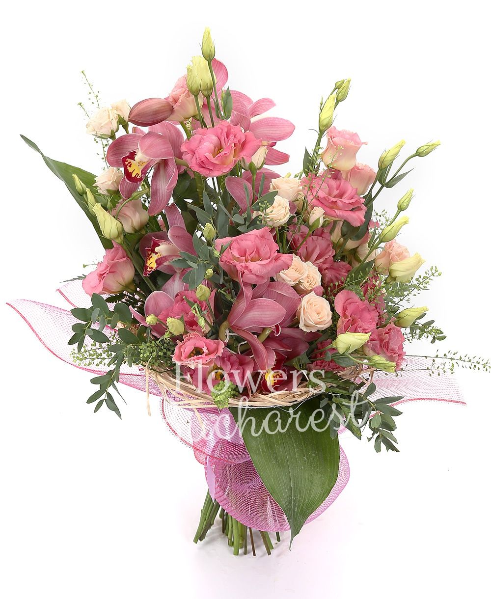 1 pink cymbidium, 5 pink lisianthus, 5 cream miniroses, thlaspi, greenery