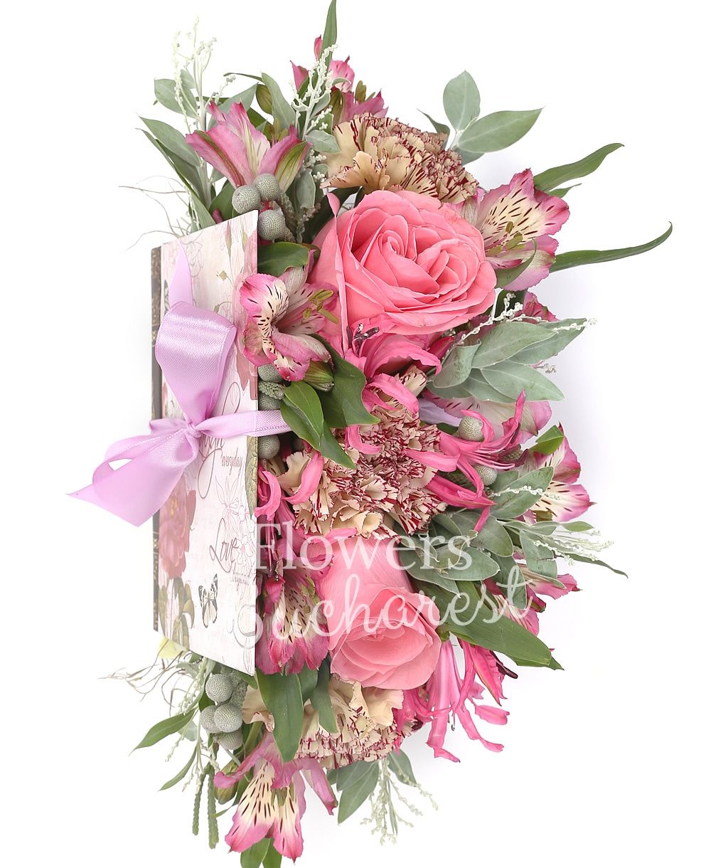 2 pink roses, 3 carnations, 2 pink nerines, 2 pink alstroemeria, brunia, acacia