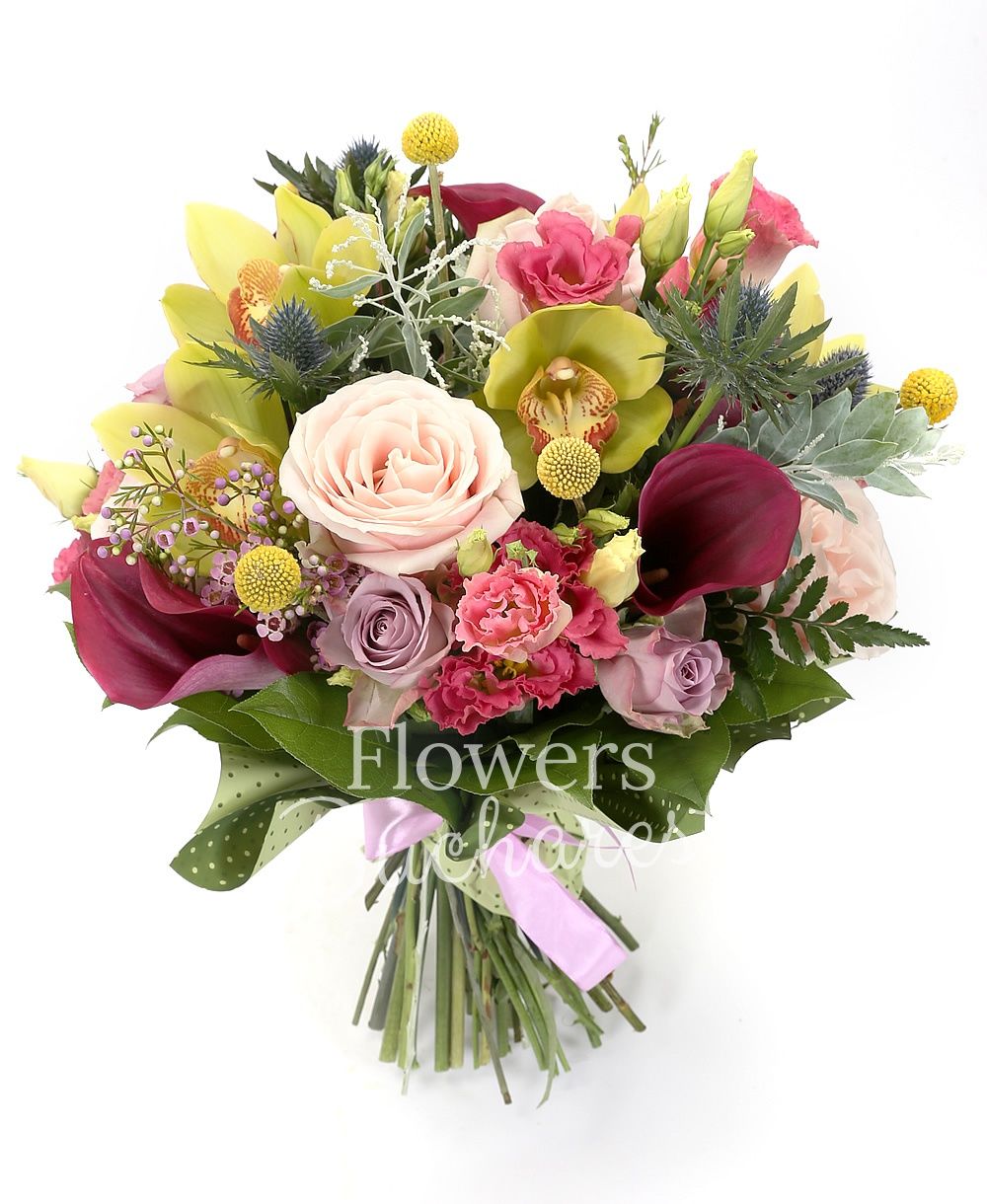 5 mauve cala, 5 yellow craspedia, 3 pink roses, 3 mauve roses, 5 pink lisianthus, 2 eryngium, green cymbidium, greenery