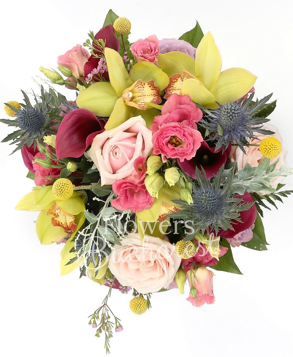 5 mauve cala, 5 yellow craspedia, 3 pink roses, 3 mauve roses, 5 pink lisianthus, 2 eryngium, green cymbidium, greenery