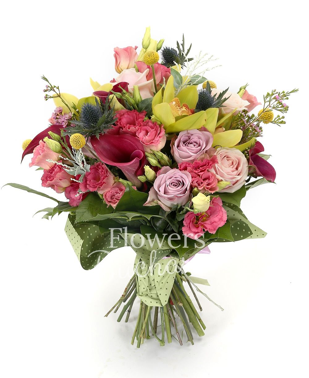 5 mauve cala, 5 yellow craspedia, 3 pink roses, 3 mauve roses, 5 pink lisianthus, 2 eryngium, green cymbidium, greenery