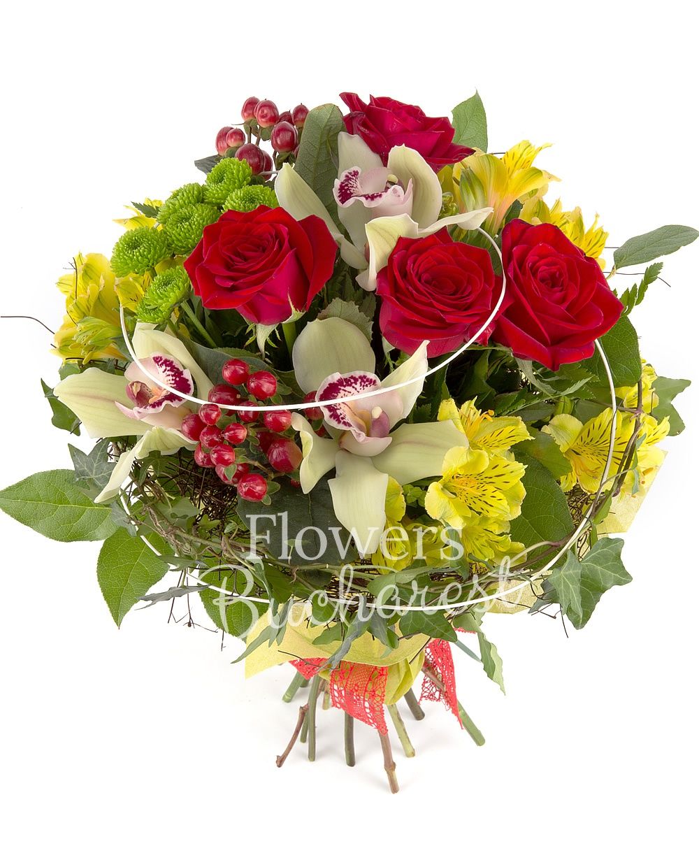 5 red roses, 5 yellow alstroemeria, 3 red hypericum, 2 green santini, green cymbidium, greenery