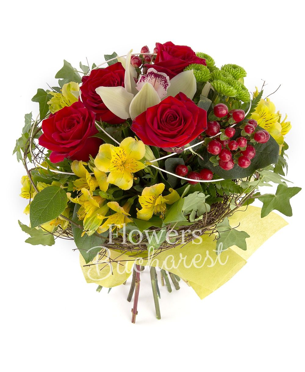 5 red roses, 5 yellow alstroemeria, 3 red hypericum, 2 green santini, green cymbidium, greenery