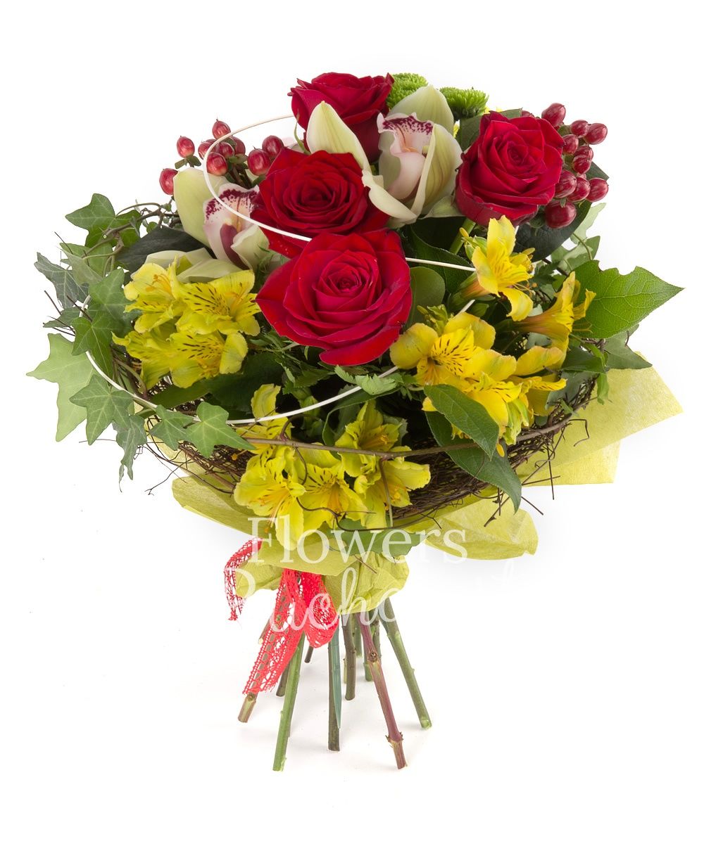 5 red roses, 5 yellow alstroemeria, 3 red hypericum, 2 green santini, green cymbidium, greenery