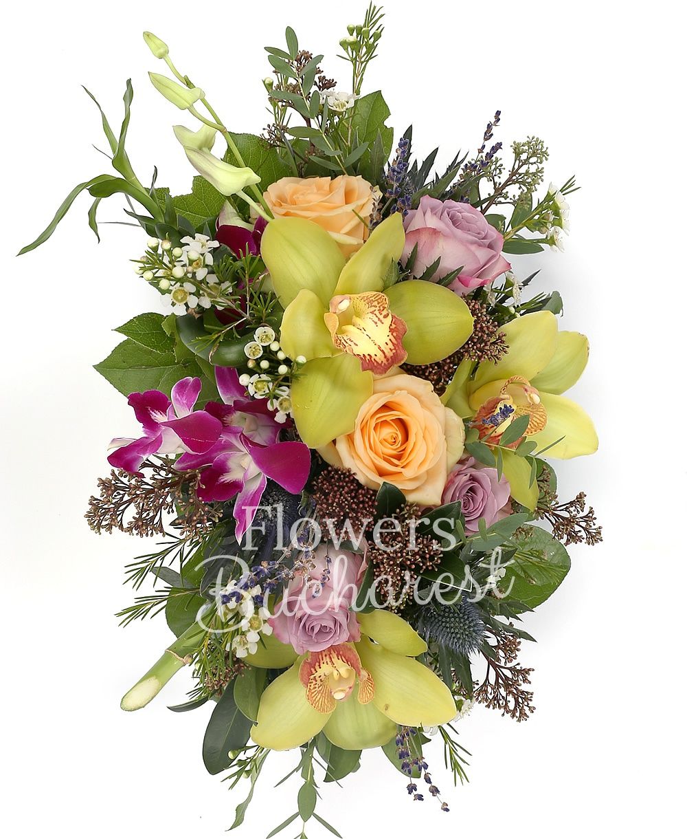 3 mauve roses, 3 cream roses, 2 dendrobium orchids, 1 eryngium, green cymbidium, greenery