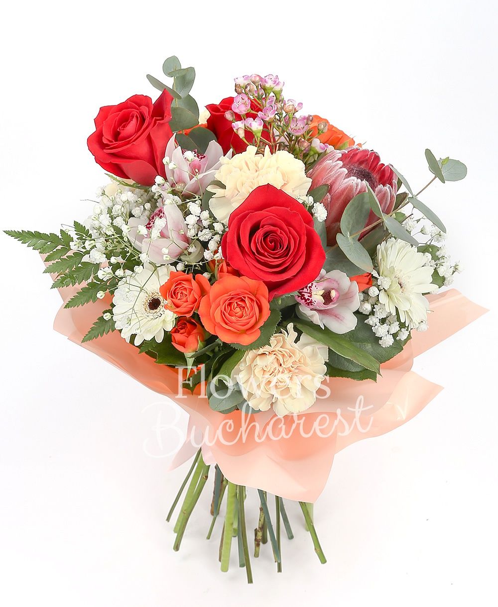 3 red roses, 3 orange miniroses, 1 proteea, 2 white gerbera, 2 cream carnations, white cymbidium, greenery