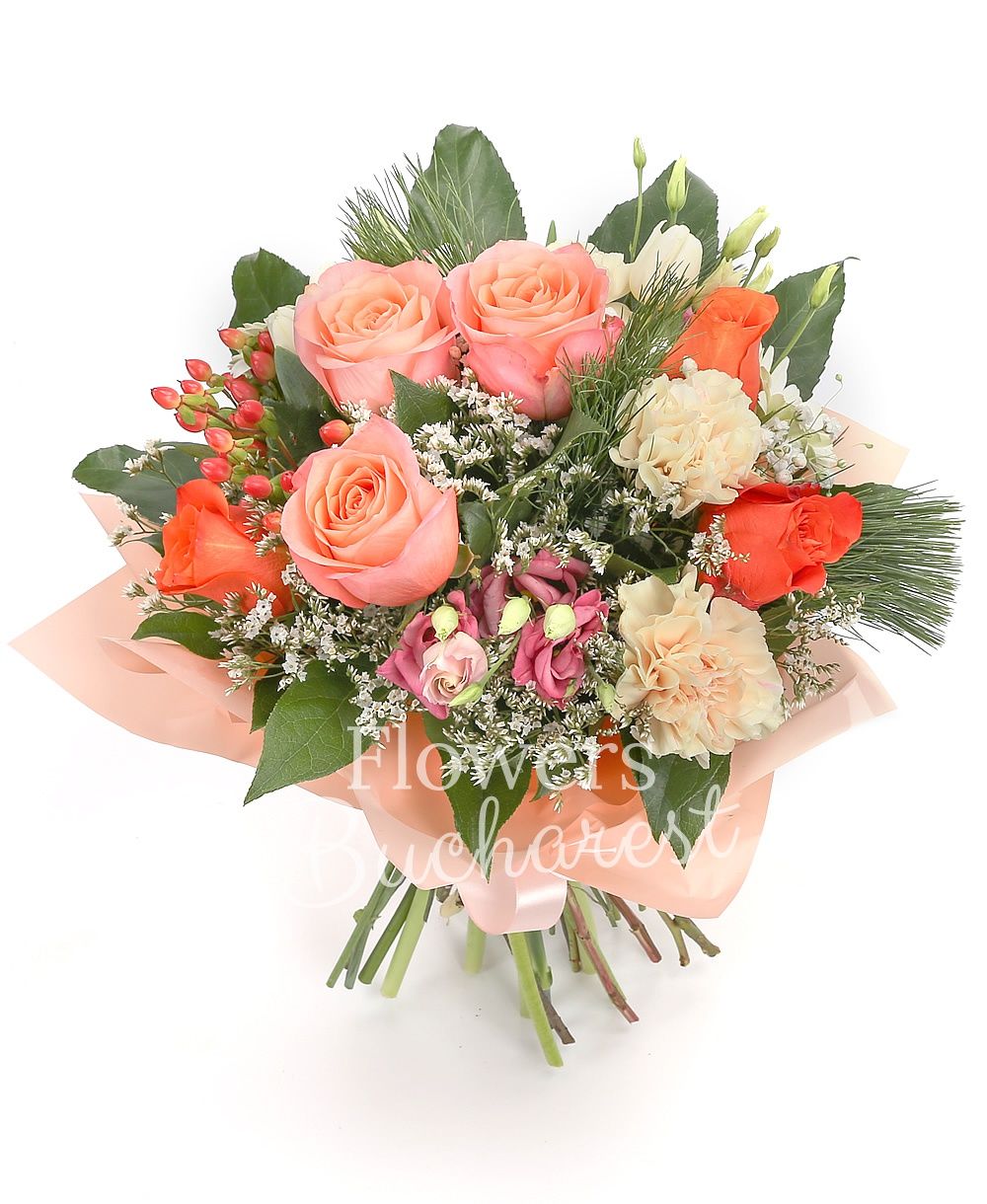 3 pink roses, 3 orange roses, 3 cream carnations, 3 pink lisianthus, 2 white gerbera, 3 red hypericum, 5 white tulips, greenery