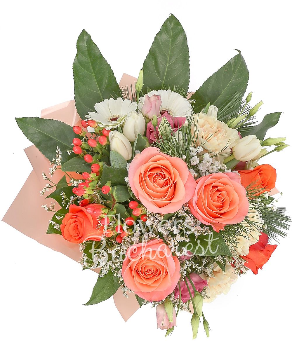 3 pink roses, 3 orange roses, 3 cream carnations, 3 pink lisianthus, 2 white gerbera, 3 red hypericum, 5 white tulips, greenery