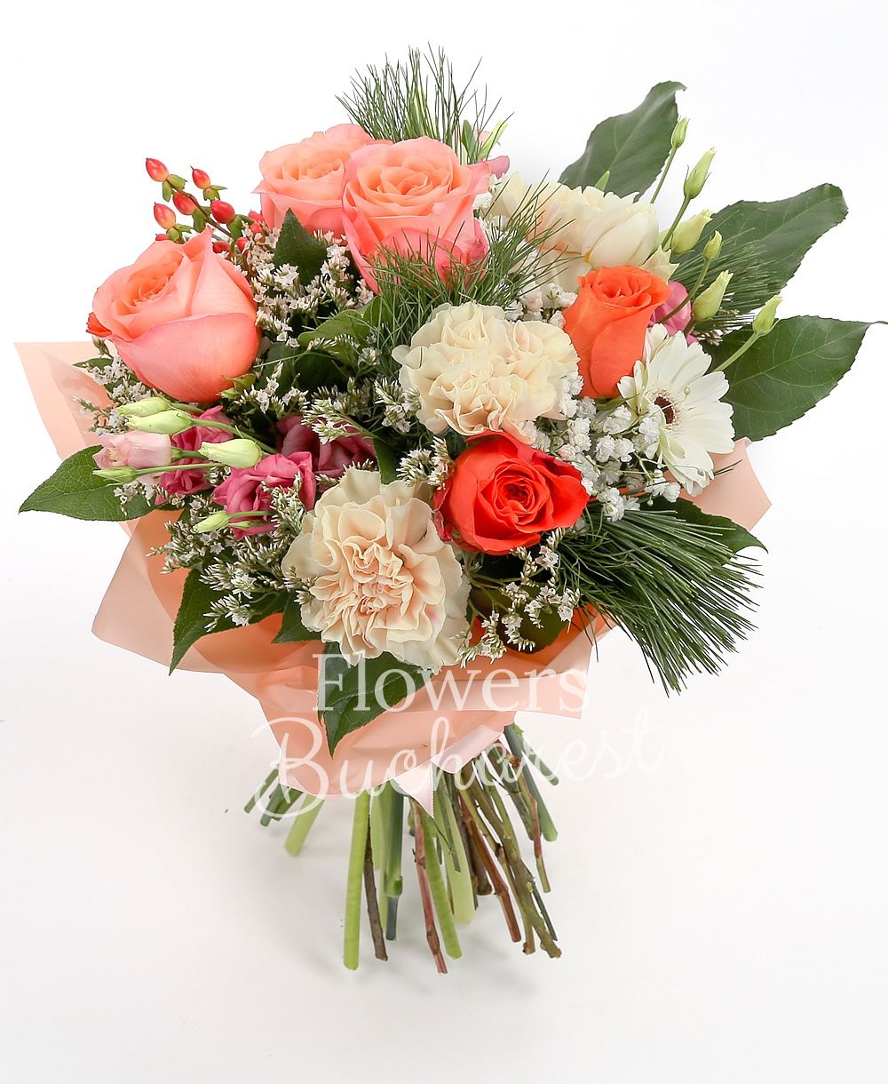 3 pink roses, 3 orange roses, 3 cream carnations, 3 pink lisianthus, 2 white gerbera, 3 red hypericum, 5 white tulips, greenery