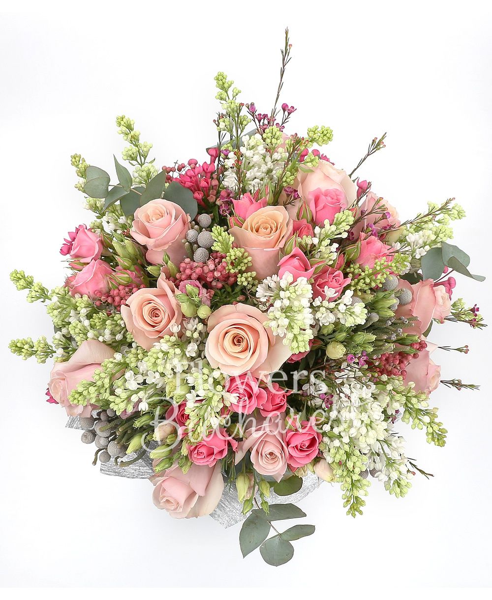 10 pink roses, 5 pink miniroses, 5 pink bouvardia, 5 brunia, 7 white lilac, 5 waxflower, greenery