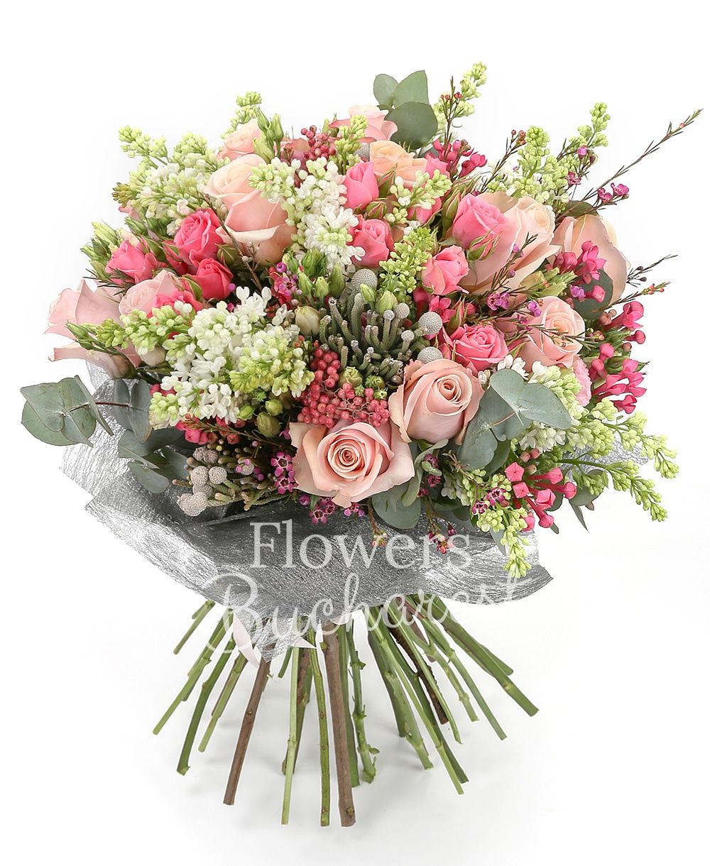 10 pink roses, 5 pink miniroses, 5 pink bouvardia, 5 brunia, 7 white lilac, 5 waxflower, greenery