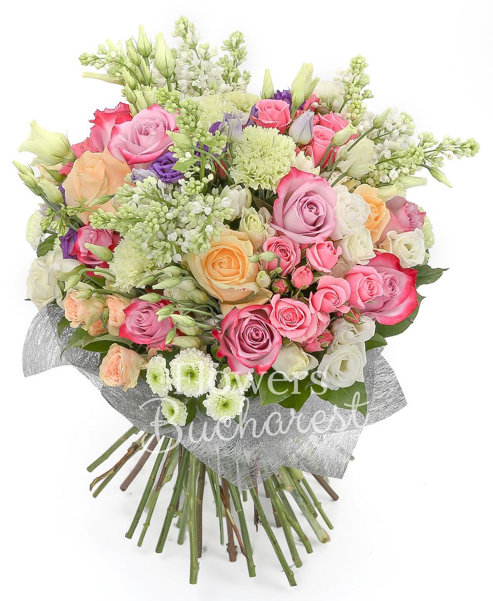 3 lilac, 5 avalanche peach roses, 7 purple roses, 5 pink miniroses, 5 white santini, 7 green carnations, 3 mauve lilac