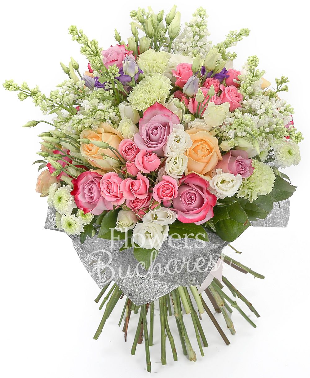 3 lilac, 5 avalanche peach roses, 7 purple roses, 5 pink miniroses, 5 white santini, 7 green carnations, 3 mauve lilac