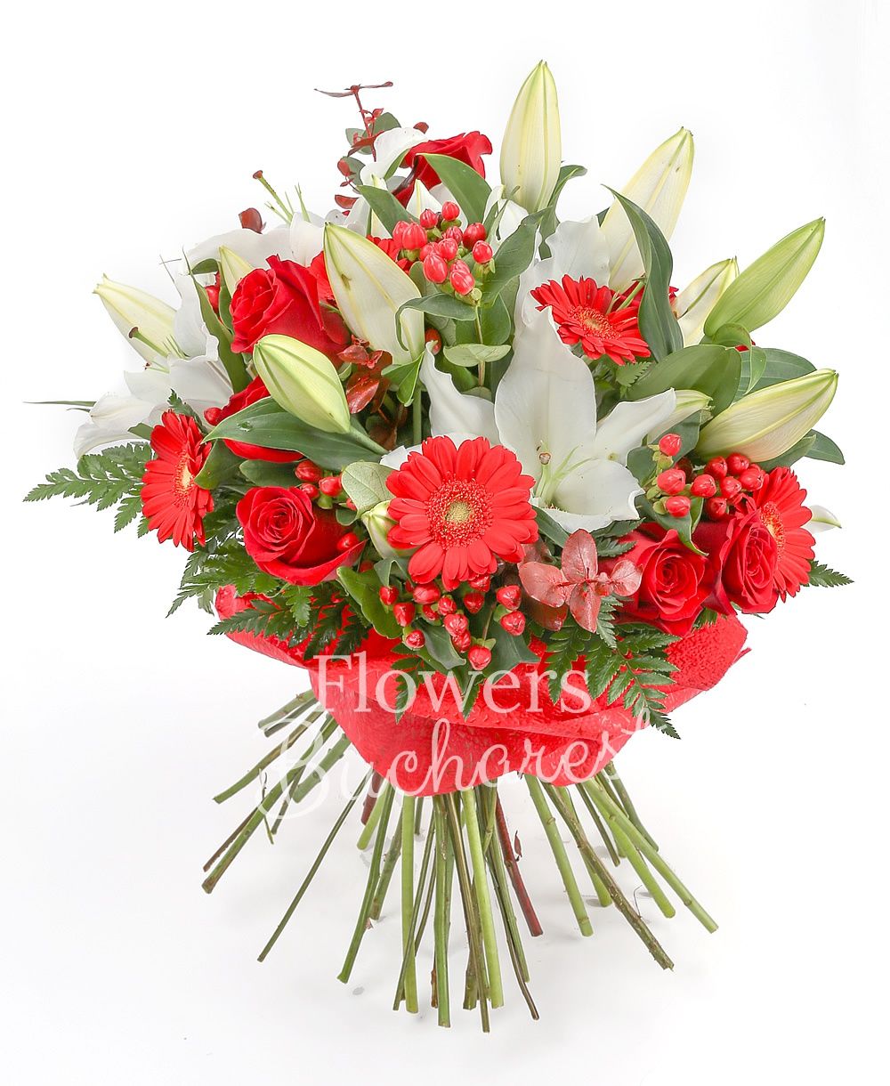 3 white lilies, 9 red roses, 6 red gerbera, 5 red hypericum, greenery