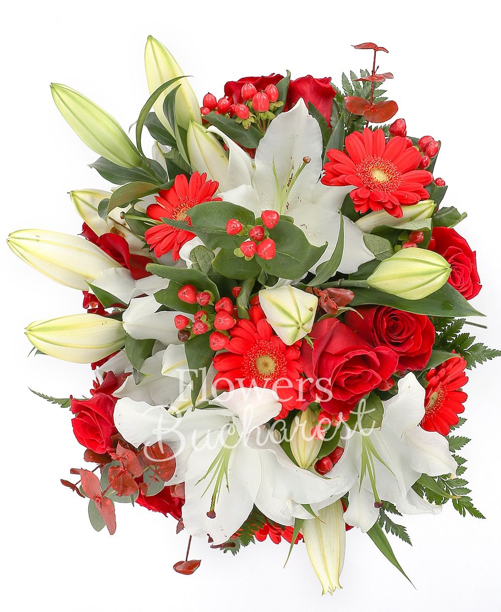 3 white lilies, 9 red roses, 6 red gerbera, 5 red hypericum, greenery
