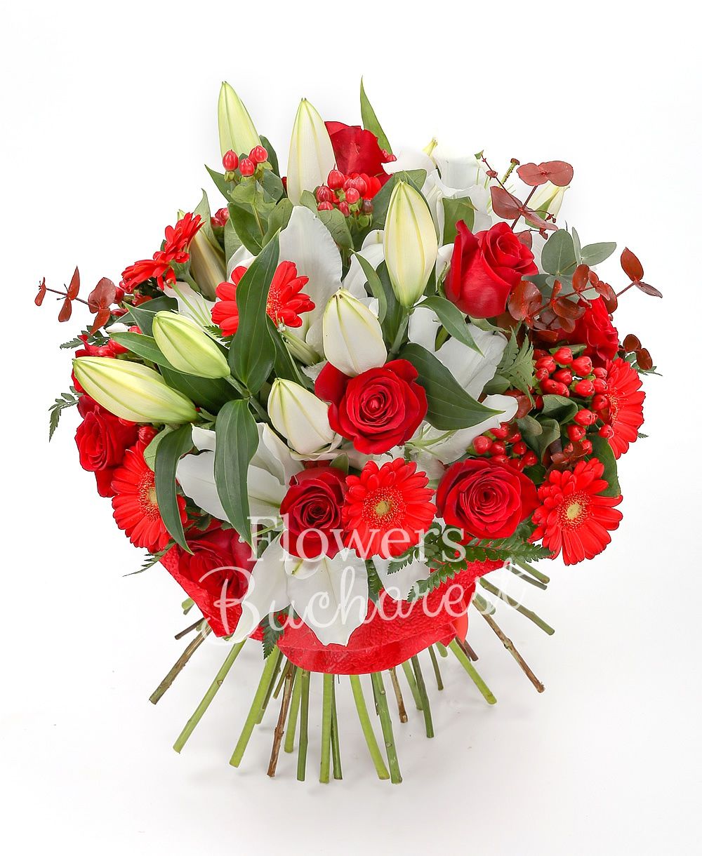 3 white lilies, 9 red roses, 6 red gerbera, 5 red hypericum, greenery