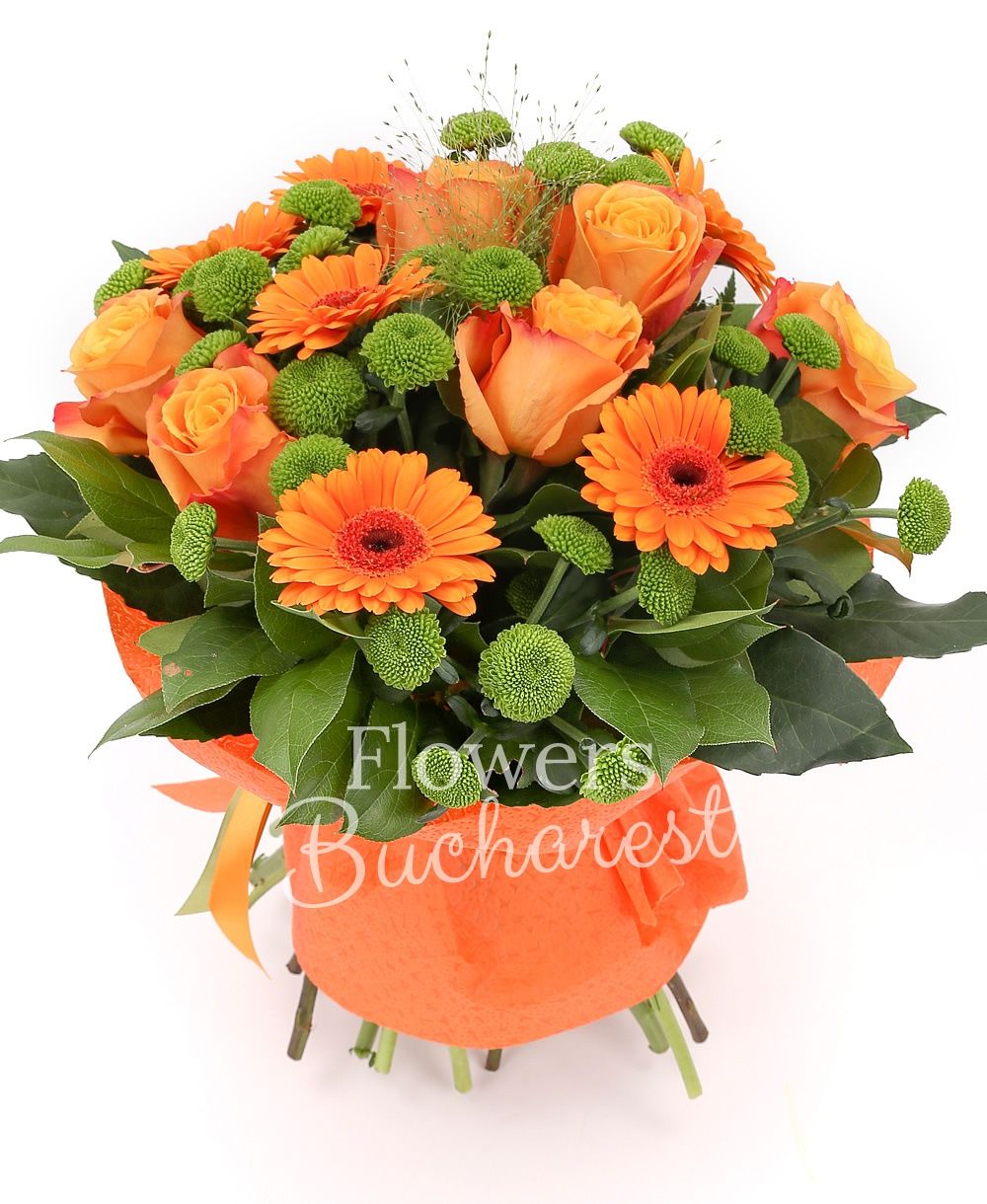 7 orange roses, 6 orange gerberas, 5 green solidago, greenery