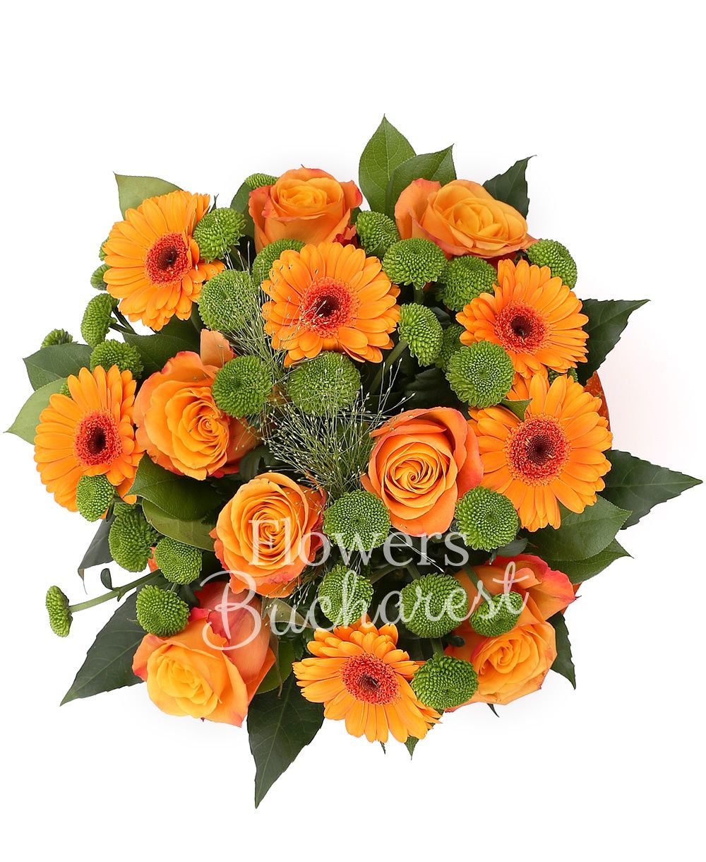 7 orange roses, 6 orange gerberas, 5 green solidago, greenery