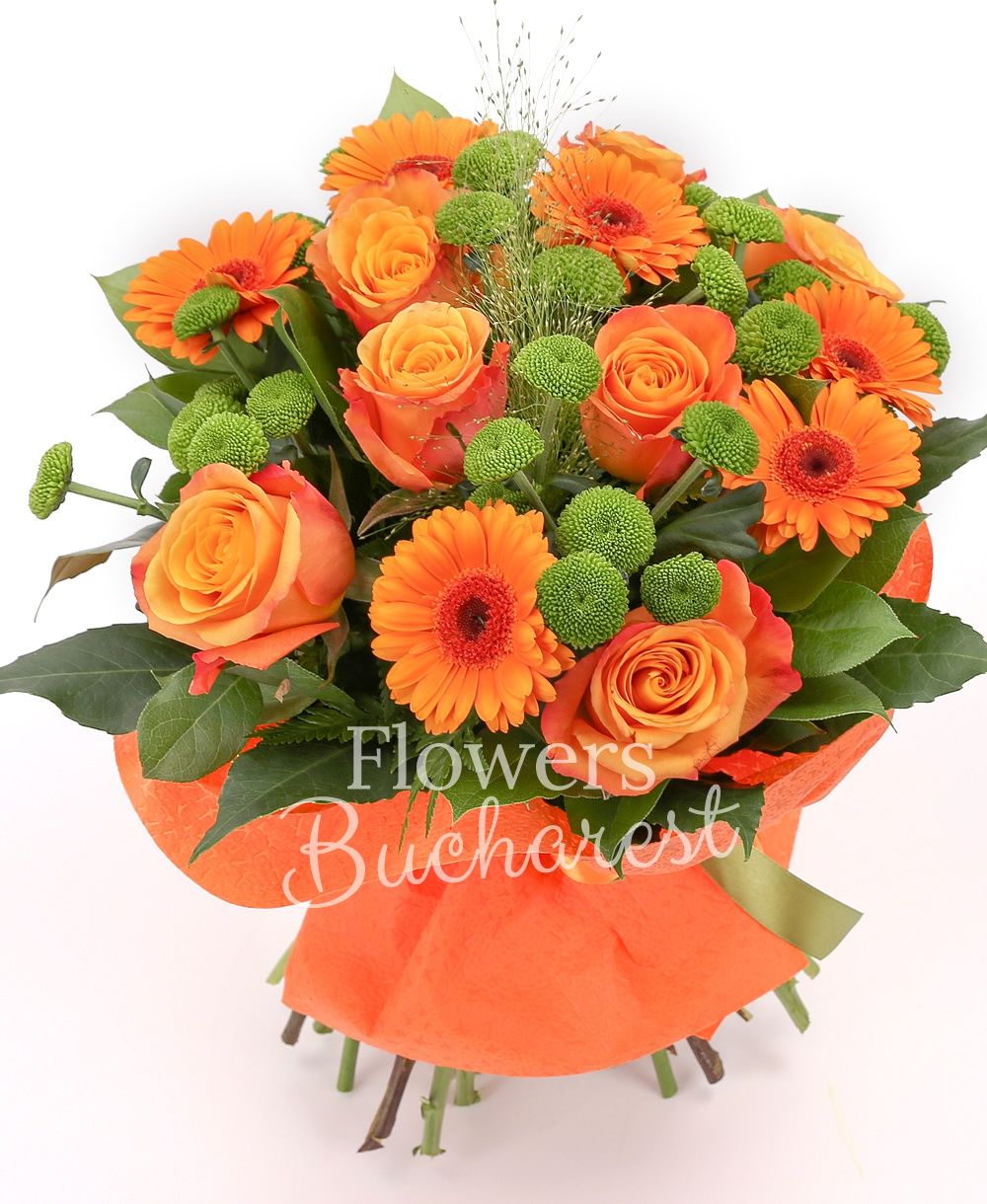 7 orange roses, 6 orange gerberas, 5 green solidago, greenery