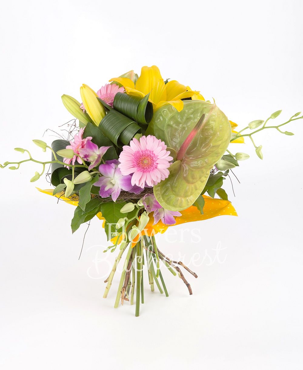 2 yellow lilies, 2 green anthurium, 3 pink gerbera, 5 pink dendrobium orchids, 2 eryngium, greenery