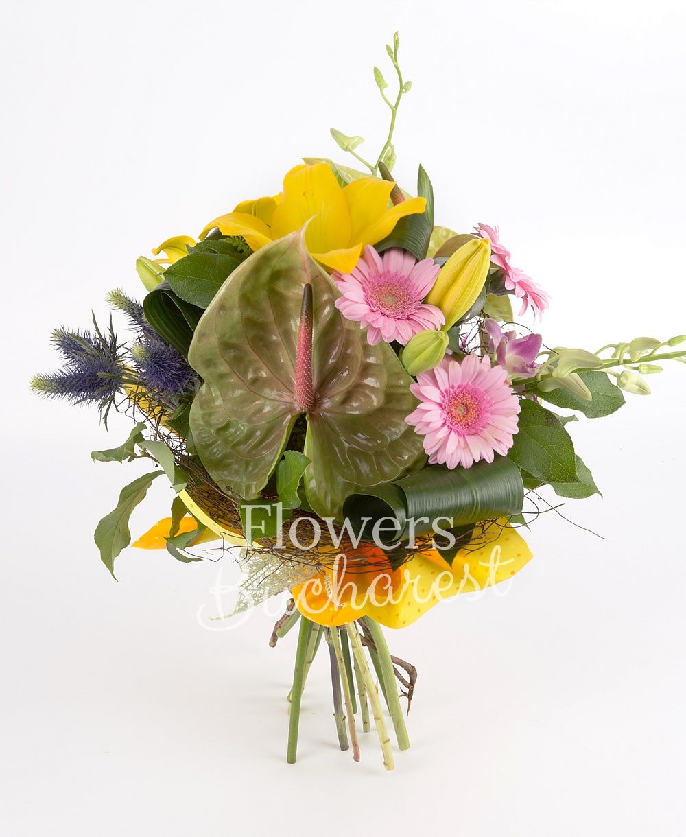 2 yellow lilies, 2 green anthurium, 3 pink gerbera, 5 pink dendrobium orchids, 2 eryngium, greenery