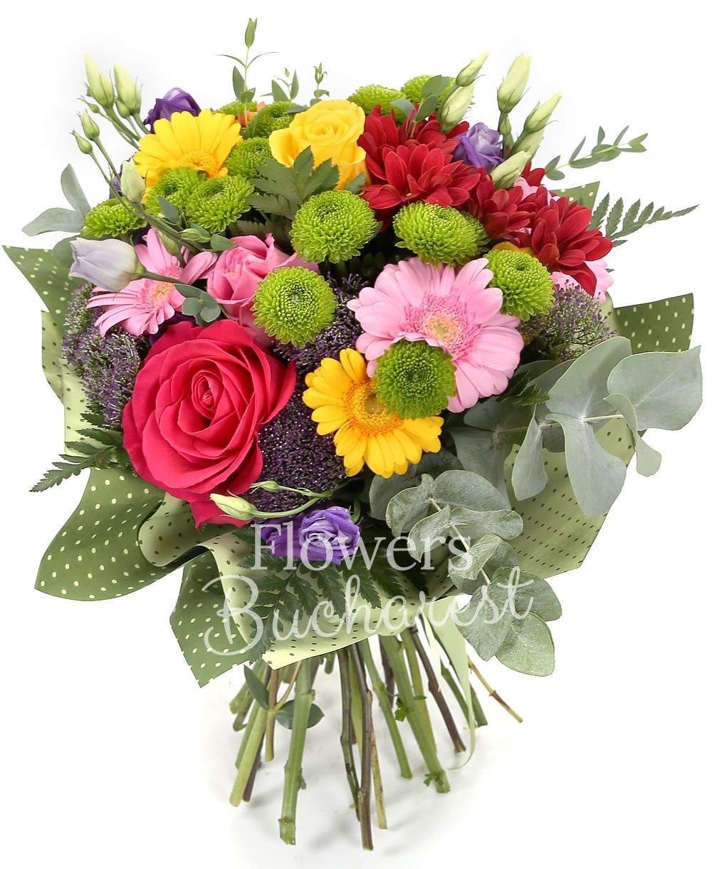 3 multicolored roses, 5 multicolored gerberas, 3 purple lisianthus, 3 purple trachelium, 3 green santini, 1 red chrysanthemum, greenery