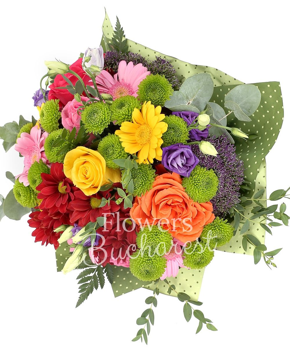 3 multicolored roses, 5 multicolored gerberas, 3 purple lisianthus, 3 purple trachelium, 3 green santini, 1 red chrysanthemum, greenery