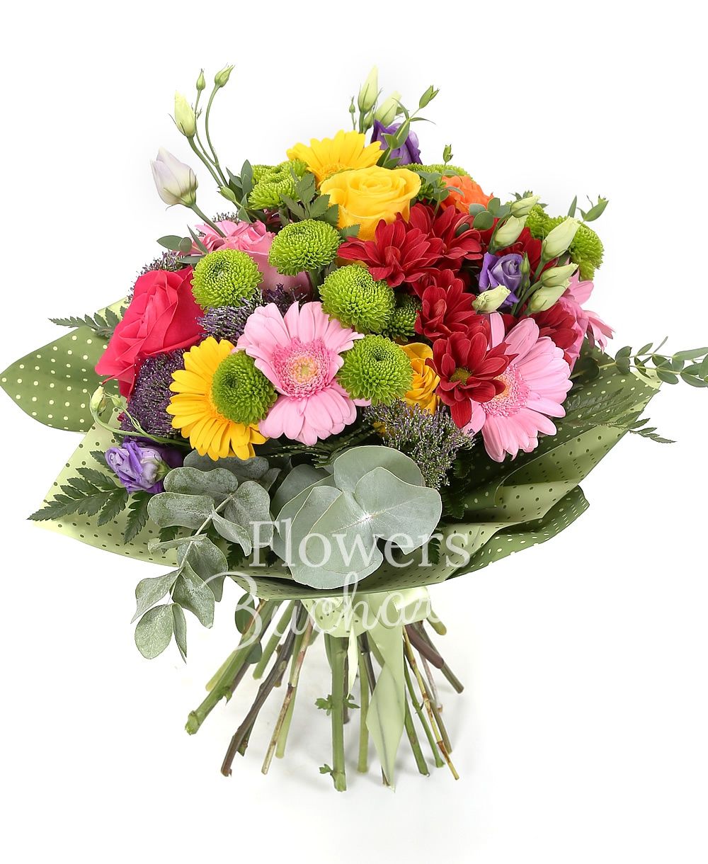 3 multicolored roses, 5 multicolored gerberas, 3 purple lisianthus, 3 purple trachelium, 3 green santini, 1 red chrysanthemum, greenery