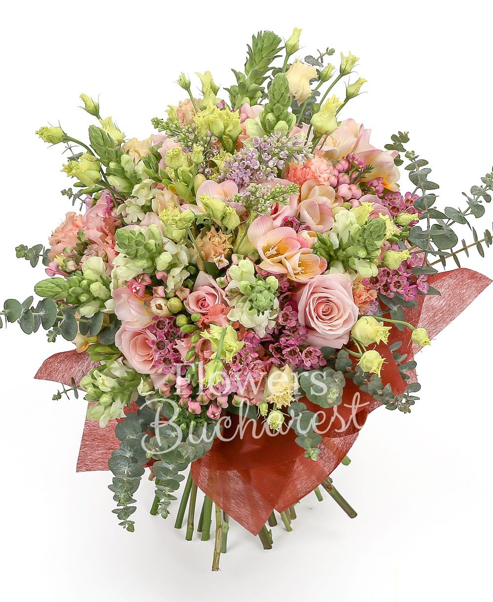 8 anthurium, 10 purple freesias, 5 pink roses, 7 pink lisianthus, 5 bouvardia, 3 waxflower, greenery