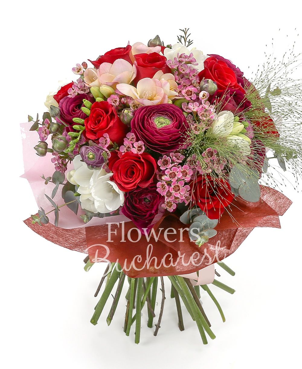 9 red roses, 10 garnet ranunculus, 10 white freesias, 5 waxflower, greenery