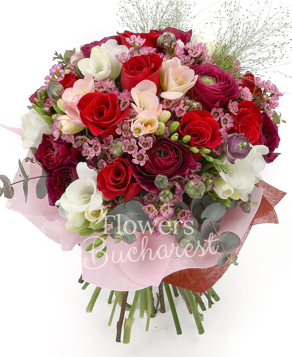 9 red roses, 10 garnet ranunculus, 10 white freesias, 5 waxflower, greenery