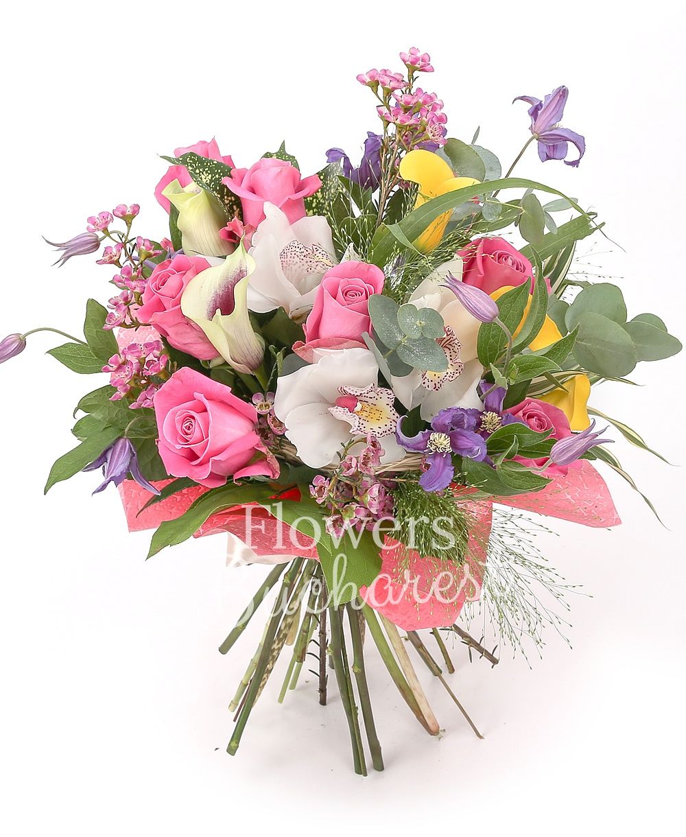 7 pink roses, 3 yellow cala, 2 garnet cala, 3 clematis, white cymbidium, greenery