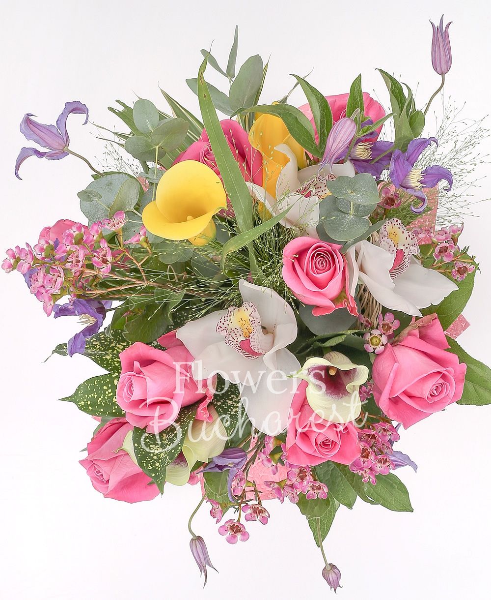 7 pink roses, 3 yellow cala, 2 garnet cala, 3 clematis, white cymbidium, greenery