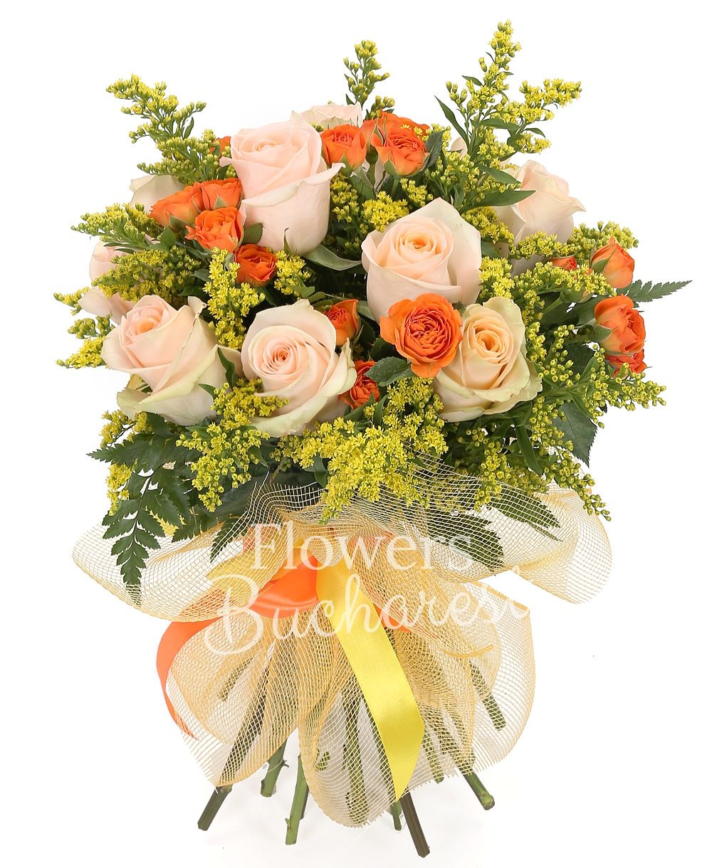 10 cream roses, 5 orange miniroses, 5 solidago, greenery