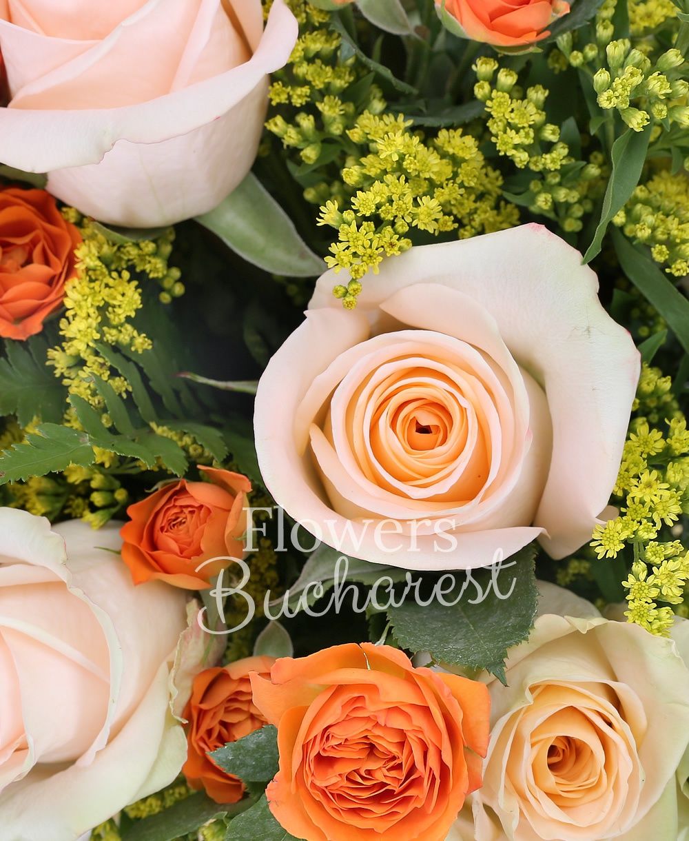 10 cream roses, 5 orange miniroses, 5 solidago, greenery