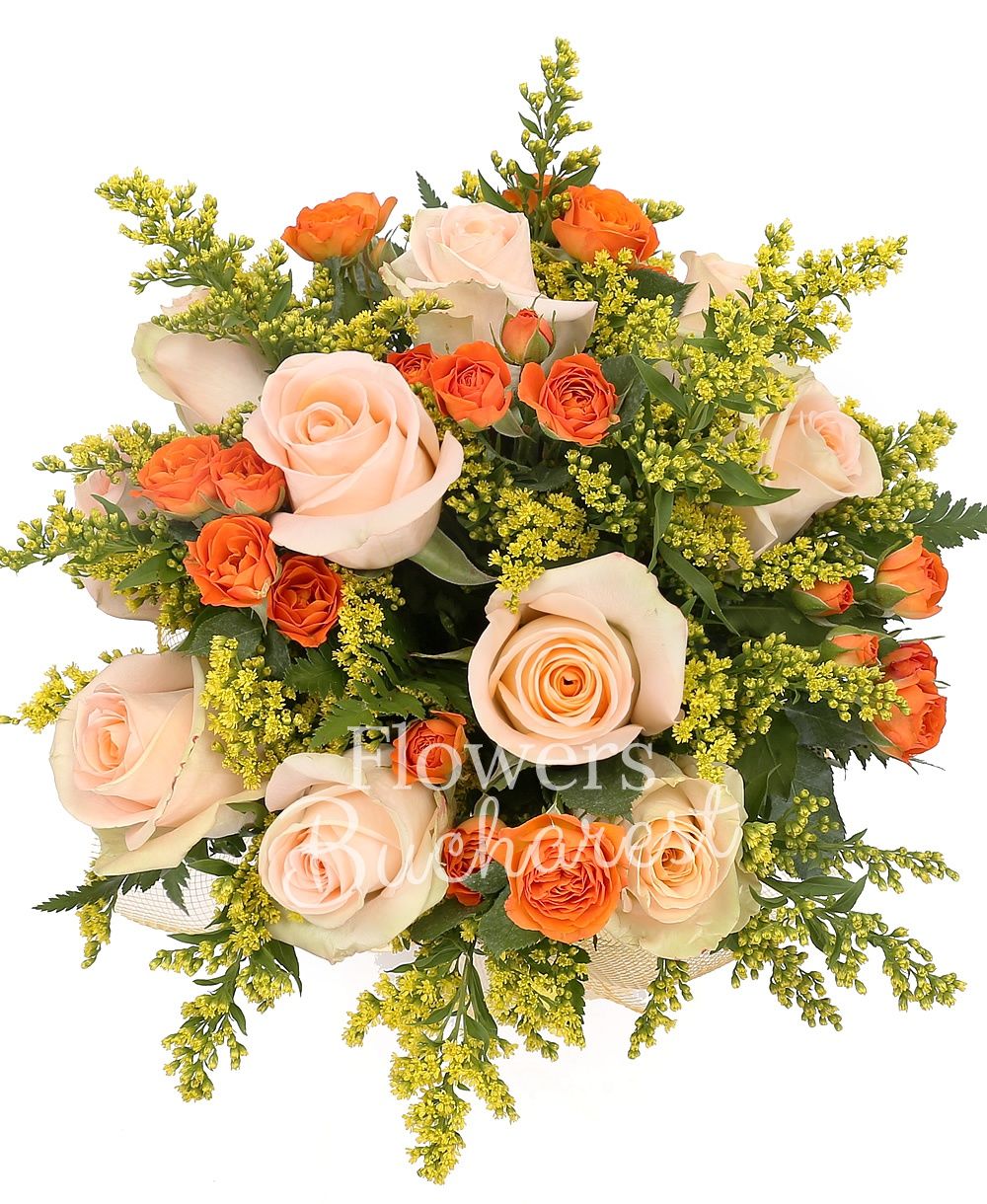 10 cream roses, 5 orange miniroses, 5 solidago, greenery