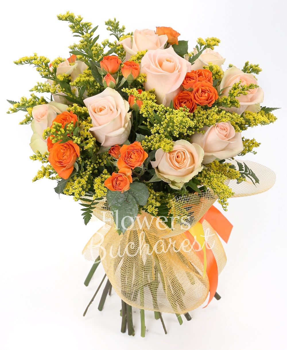 10 cream roses, 5 orange miniroses, 5 solidago, greenery