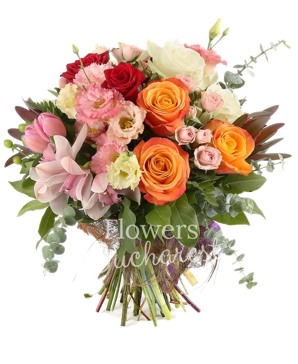 3 orange roses, 3 red roses, 3 white roses, green cymbidium, pink cymbidium, 5 pink tulips, 3 green hypericum, 3 leucadendron, 5 pink lisianthus, 3 pink miniroses, greenery