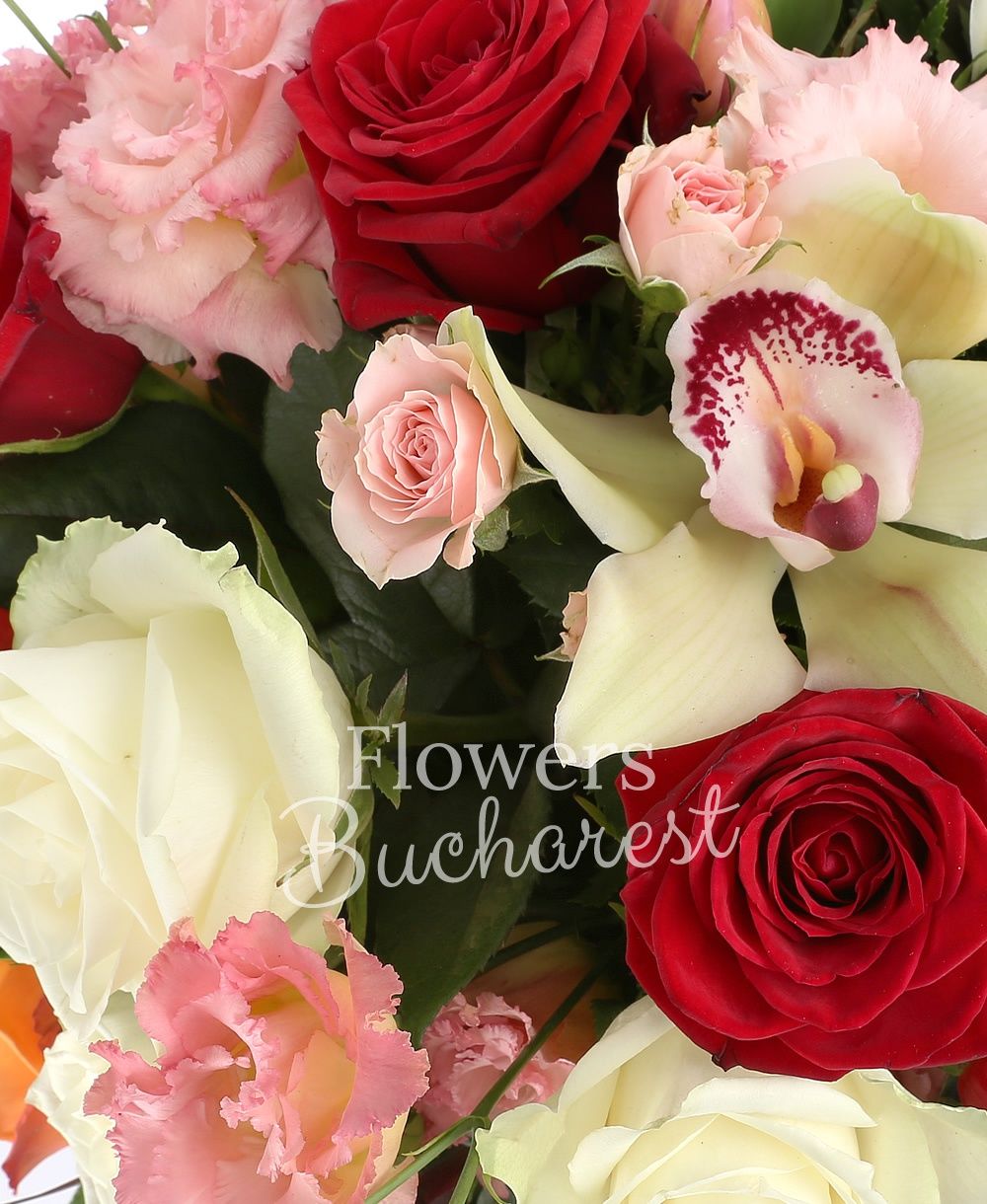 3 orange roses, 3 red roses, 3 white roses, green cymbidium, pink cymbidium, 5 pink tulips, 3 green hypericum, 3 leucadendron, 5 pink lisianthus, 3 pink miniroses, greenery