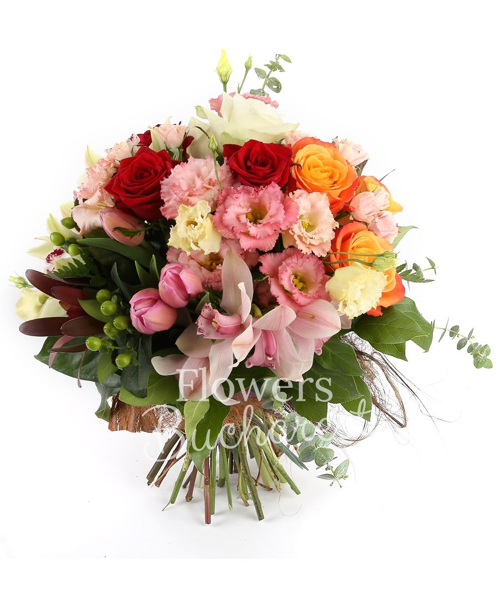 3 orange roses, 3 red roses, 3 white roses, green cymbidium, pink cymbidium, 5 pink tulips, 3 green hypericum, 3 leucadendron, 5 pink lisianthus, 3 pink miniroses, greenery